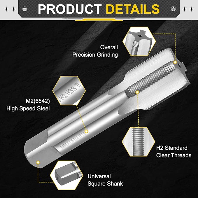 uxcell Hand Plug Tap M34 x 1.5 H2 Metric Thread Plug Style Taps Straight Flute Screw Tapping Threading Tool High Speed Steel HSS6542