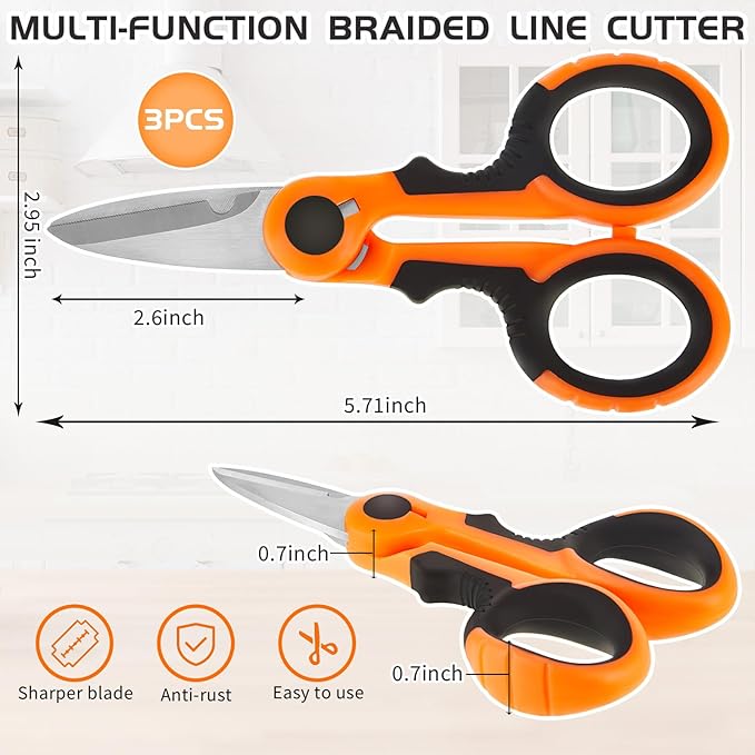Honoson 3 Pcs 5.7" Fishing Scissors Braided Line Cutters Fishing Heavy Duty 3cr13 Non Slip Serrated Edge Scissors Saltwater Freshwater Braid Multi Function Cutter for Trimming (Orange)