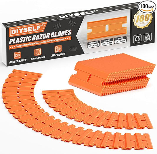 DIYSELF 100 Pack Plastic Razor Blades, Blade Refill for Plastic Razor Blade Scraper, Durable Plastic Blades for Cleaning Adhesives, Glass, Metal, and Floors, Plastic Scraper Blades