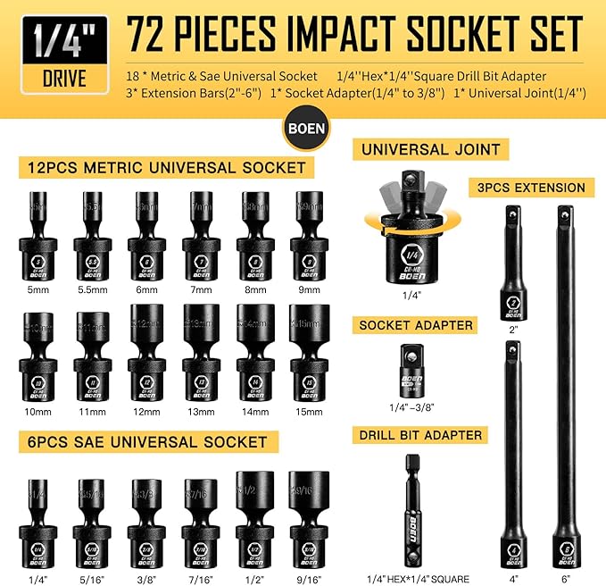 BOEN 1/4" Drive Impact Socket Set, 72-Piece Standard SAE (3/16-9/16 inch) and Metric (4-15mm) Size, 1/4-Inch Drive Swivel Socket Set, Drive Extension Bar, Universal Joint & Adapter, CR-MO 6 Point