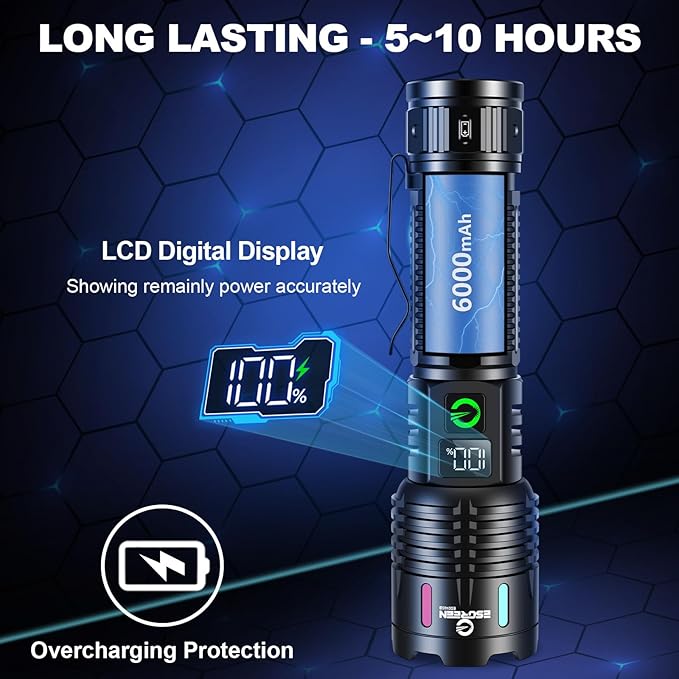 Esgreen Rechargeable Flashlights High Lumens 10000 Single 2 Modes, Super Bright LED Flashlight USB C Long Distance 3280ft, Powerful Long Lasting 10H Heavy Duty Strong Flash Light for Camping Hiking