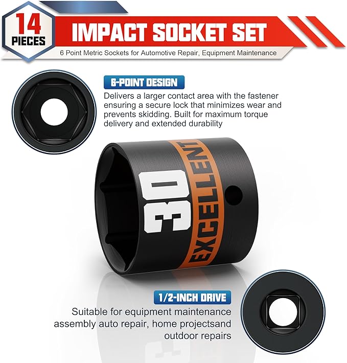 14 Pieces 1/2-Inch Drive Impact Socket Set, 11-32mm Shallow Socket, 6 Point Metric Sockets for Automotive Repair, Equipment Maintenance
