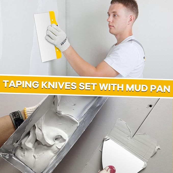 Drywall Knife Set, 8Pcs Stainless Steel Drywall Hand Tools Kit Includes Putty Knife Set, Taping Knives, Painter Scraper and 12" Mud Pan Finishing tools for Drywall Work