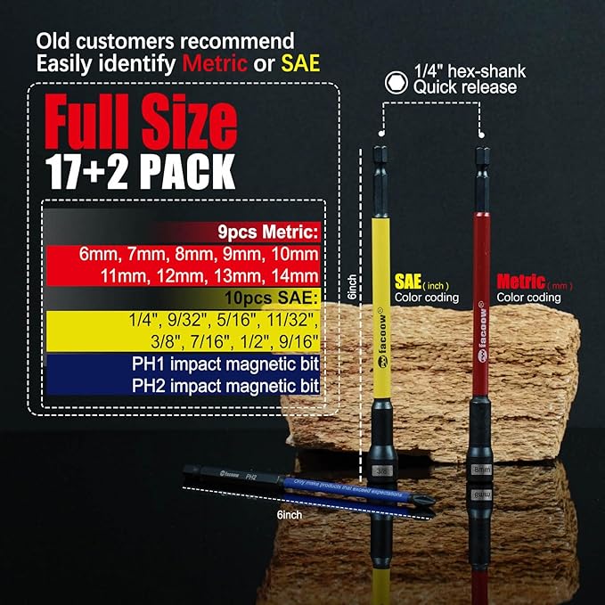 Magnetic Nut Driver Set for Impact Drill, 19 Pcs with Metric & SAE Including PH1 & PH2, 6 Inch Extra Long Nut Driver Set with Storage Case, Durable for Professional and Diy Projects