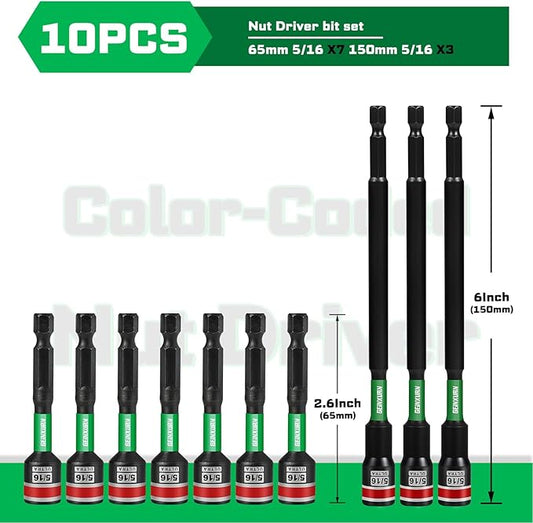 Impact Nut Driver Set, 10 Pieces 2.56???쒵ong 5/16?? Point Alloy Steel Magnetic SAE Nut Setter Set Use For Require Installing 1/4 Hex Shank Impact Driver with Case Box