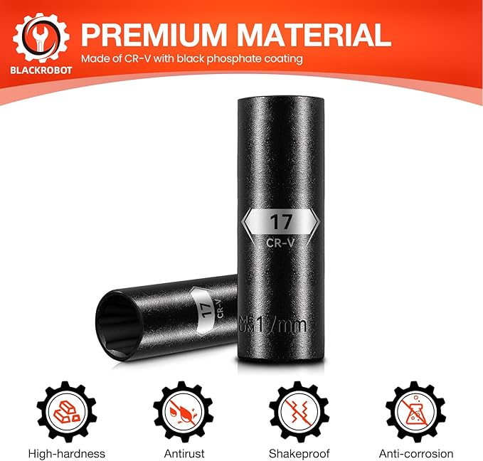 1/2 Inch Drive 6-Point Deep Socket, 17mm Deep Impact Socket, CR-V Steel