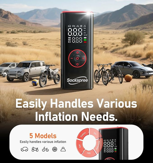 Tire Inflator Portable Air Compressor 5 in 1 Cordless Smart Pump with Tire Pressure Gauge 150PSI and LED Lights for Cars Bikes Motorcycle Balls Custom Mode Inflatables Red Black