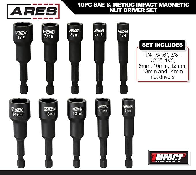 ARES 27102-10-Piece SAE and Metric Impact Magnetic Nut Driver Set - 2 1/2-Inch Impact Grade Nut Setters with Industrial Strength Magnets and Holders