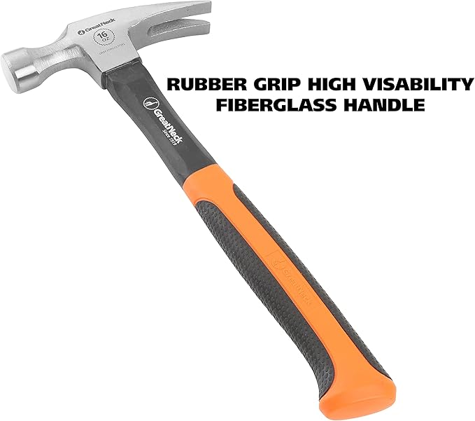 GreatNeck HG16S 16 Oz. Fiberglass Straight Claw Hammer, Carpenter & Contractor Tool for Framing, Building, & Ripping Nails, Durable Drop Forged Steel Hammer