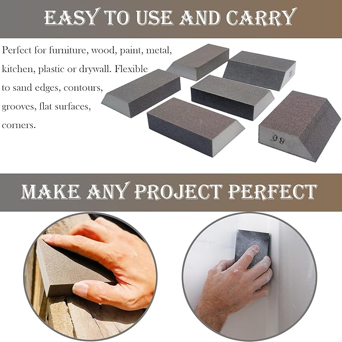 6 PCS Single Sanding Sponge Set - 80/100/120/180/220/320 Grit Sanding Blocks Assortment, Washable and Reusable