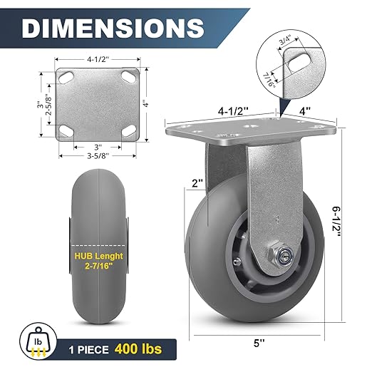 5" x 2" Thermoplastic Rubber Wheels (Crown Tread)-Heavy Duty Casters- 400 Lbs Per Casters- No Noise Plate Caster for Furniture Platform Trucks Workbench (1 Pack Rigid)