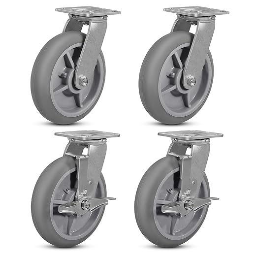 8inch Caster Wheels, Thermoplastic Rubber Wheels(Crown Tread) with Steel Plate, Heavy Duty Casters Set of 4-2800Lbs Capacity (2 Brake & 2 Swivel)