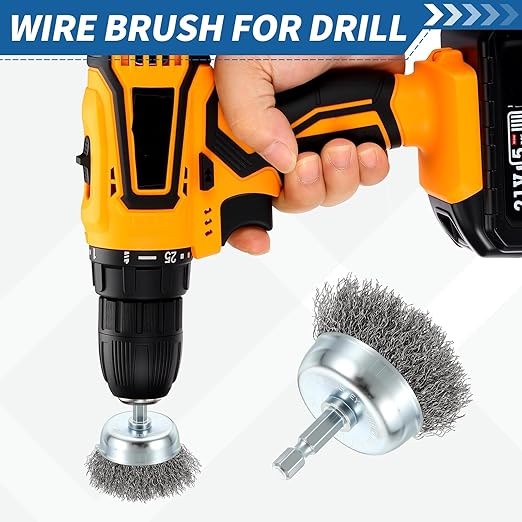 Wire Brush for Drill (2"/50mm) 20Pack, Crimping Steel Wire 0.012" (Carbon Steel) Wire Brush Drill Attachment with 1/4" Hex Shank - for Rust, Cleaning, Deburring on Cast Iron