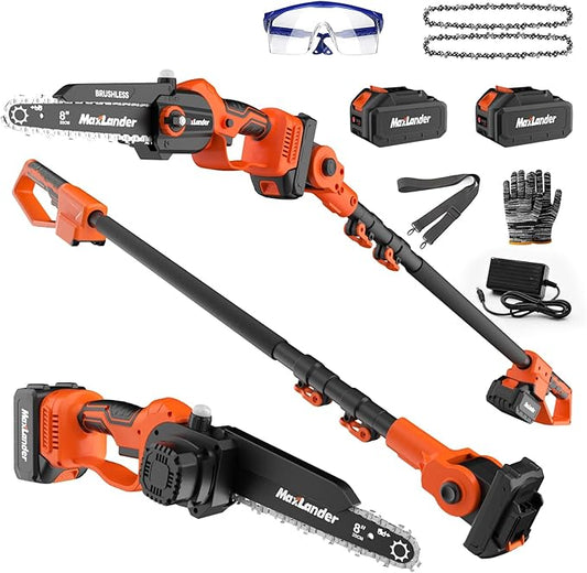 MAXLANDER 2-in-1 Cordless Pole Saw & 8 Inch Brushless Chainsaw, 20V Electric Pole Saws for Tree Trimming, Battery Powered Pole Saws with Extension pole & 2 x 3.0Ah Battery