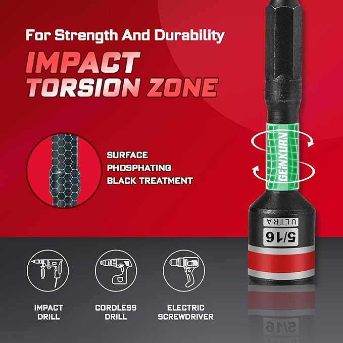 Impact Nut Driver Set, 10 Pieces 2.56?쒵ong 1/4??/16??/8??/16??1/2?? Point Alloy Steel Magnetic SAE Nut Setter Set Use For Require Installing 1/4 Hex Shank Impact Driver with Case Box