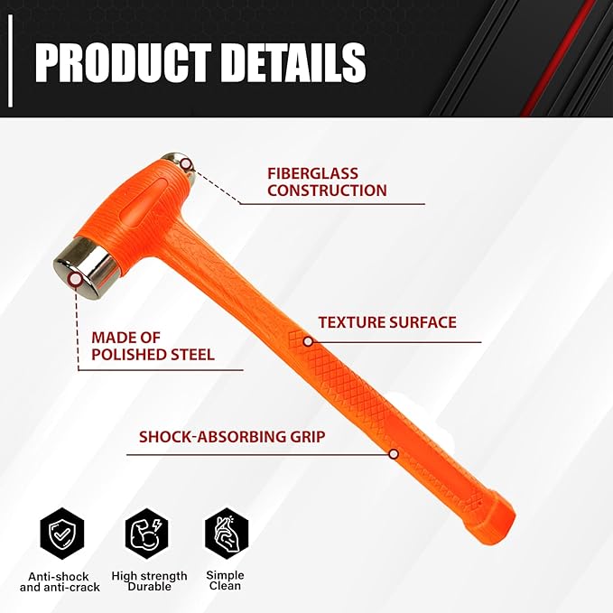 C&T 3-Pieces Dead Blow Hammer Set, Brass Hammer, Ball-Peen Hammer, and Dead Blow Hammer,Orange,Shockproof Design, No Rebound Hammer, Unibody Molded Checkered Grip, Spark and Rebound Resistant