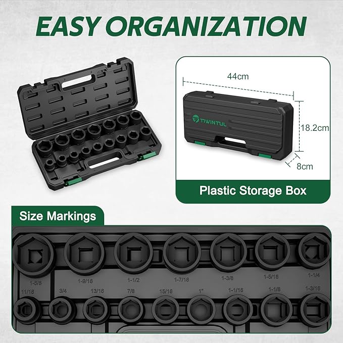 3/4 Inch Drive Impact Socket Set, CR-MO Steel, 16 Pieces Socket Set, SAE Sizes 11/16" to 1-5/8", Heavy Duty Impact Socket Set for Large Vehicle and Equipment Maintenance