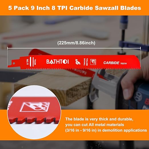 5 Pack 9 Inch 8 Tpi Carbide Reciprocating Saw Blades for Thick Metal Cutting, Cast Iron and Alloy Steel Cutting Sawzall Blades with Carbide Tipped Teeth for Longer Life and Faster Cutting Speed