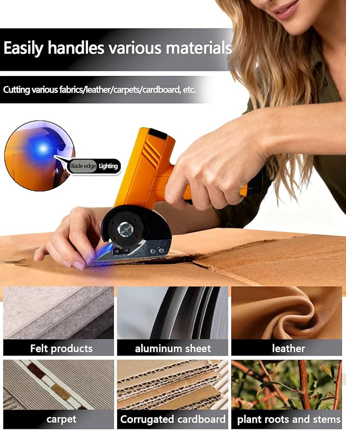 Cordless Scissors Electric Cutter: 4.2V Rechargeable LED Display Cardboard Cutting with 2 Blades LED Light Easy and Safe Cutting - Office Tailors Handmade Crafts and Warehouse (Yellow)