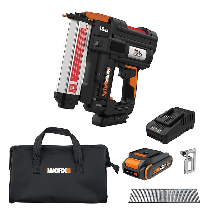 Worx Nitro 20V 18GA Cordless Brad Nailer, Cordless Nail Gun, Nail Gun Battery Powered, Up to 2 Inch, Tool-Free Jam Release, Trimming & Molding, Baseboard WX842L PowerShare ??Battery, Charger Included