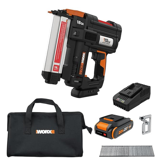 Worx Nitro 20V 18GA Cordless Brad Nailer, Cordless Nail Gun, Nail Gun Battery Powered, Up to 2 Inch, Tool-Free Jam Release, Trimming & Molding, Baseboard WX842L PowerShare ??Battery, Charger Included