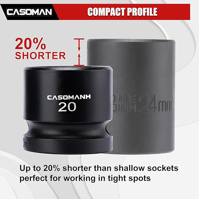 CASOMAN 15PCS 1/2" Drive Stubby Impact Socket Set, Low Profile, 8-24mm, Metric, CR-MO, 6-Point, 15 Pieces Shallow Socket Set for Automotive Maintenance, Repairs and DIY, for Tight Areas