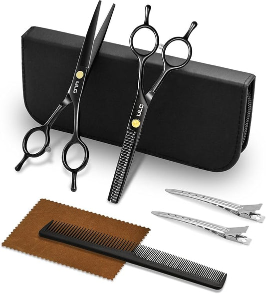 ULG Professional Hair Cutting Scissors Set ??6.5??Japanese Stainless Steel Barber Shears & Thinning Scissors with Comb, Clips & Case ??at-Home Salon Haircut Kit for Men, Women, Kids, Black