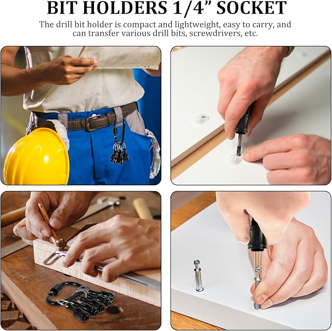 12Pcs Keychain Bit Holder 1/4inch Hex Shaft Screwdriver Bit Holder Portable Extension Bar Keychain Screw Adapter Aluminum Alloy Drill Extension Bit Holder with 2 Carabiner for Screw Driver