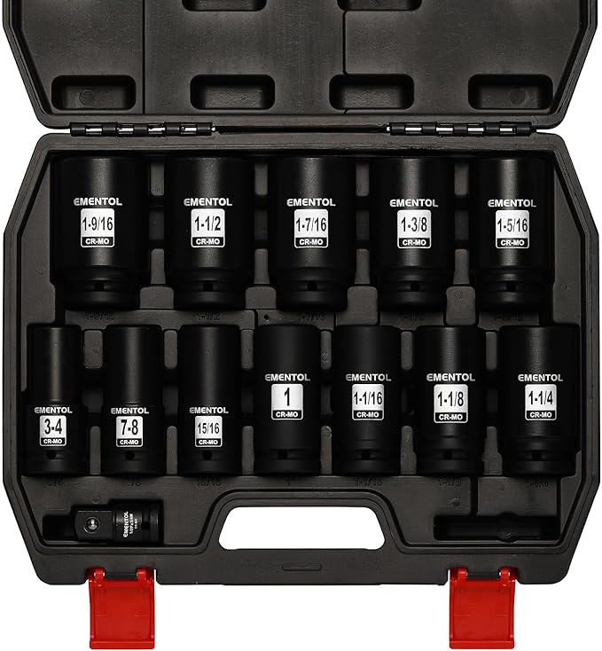 EMENTOL 3/4" Drive Deep Impact Socket Set,13 Pieces Jumbo Sockets, SAE (3/4" to 1-9/16") with 1/2"F to 3/4"M Adapter, 6-Point, CR-MO Steel