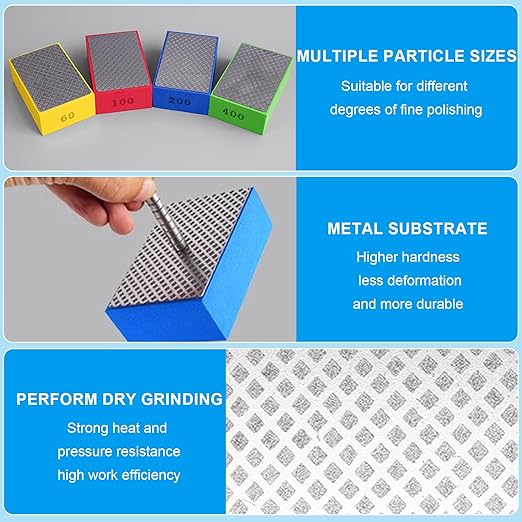6Pcs Diamond Sanding Pads Diamond Hand Polishing Pads, Tile Sanding Block with High-Density Sponge for Ceramic Tile Glass Stone Marble Granite Metal Grinding