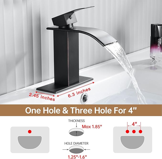 Fransiton Oil Rubbed Bronze Waterfall Bathroom Faucet Lavatory Single Handle 1 or 3 Hole Bathroom Sink Faucet Washbasin Faucet with Deck and Pop-up Drain (Short, Oil Rubbed Bronze)
