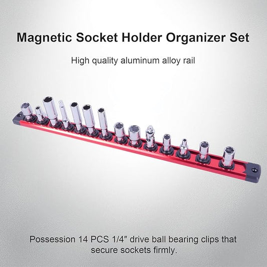 Magnetic Socket Holder Organizer Set:1/4-Inch Drive Socket Trays Socket, 360째 Swivel 14 Clips Socket Holder Kit, For Automotive Mechanic Garage (Red)