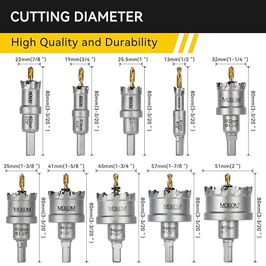 Mollom 10Pcs (13-51mm) TCT Carbide Hole Saw Kit for Hard Metal, 5Pcs Extra Pilot Drill bits and 3Pcs Hex Keys for Stainless Steel, Iron,Aluminum,Alloy,Metal.