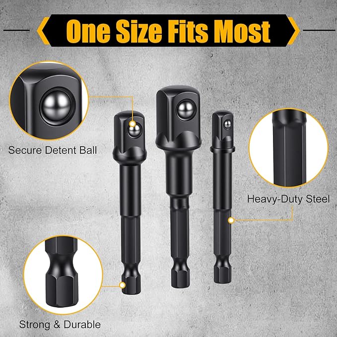 Drill Socket Adapter 8 Piece, Black Impact Sockets Adapter Set Fit for 1/4", 3/8", 1/2" Hex Shank, 5 Different Lengths Socket Drill Adapter, Universal 1/4 Socket Adapter
