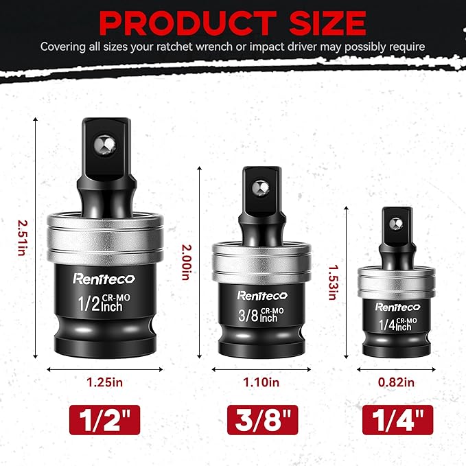 3 Pack Impact Wobble Socket Adapter Kit, 1/2" 3/8" 1/4" Chrome Molybdenum Alloy Steel Universal Joints with 360째 Rotation, Impact Gun Socket Set for Auto Repair & Construction