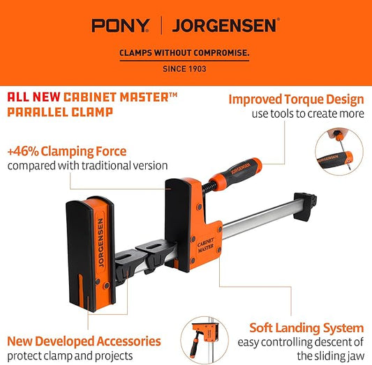 JORGENSEN 18-Inch Parallel Bar Clamp, Heavy-Duty Cabinet Master Clamp for Woodworking Glue-Up, 2200 lbs Force, Quick Release, Spreader Function, 2-Pack