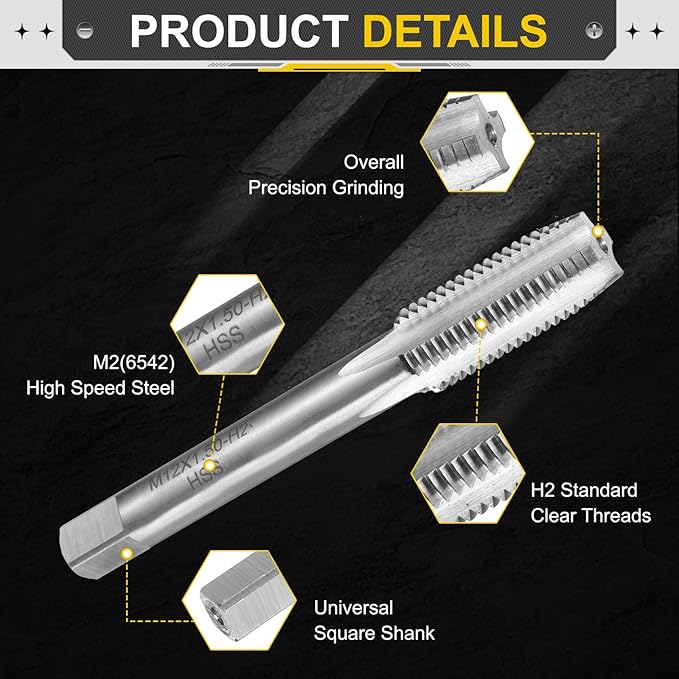 uxcell Hand Plug Tap M12 x 1.5 H2 Metric Thread Plug Style Taps Straight Flute Screw Tapping Threading Tool High Speed Steel HSS6542