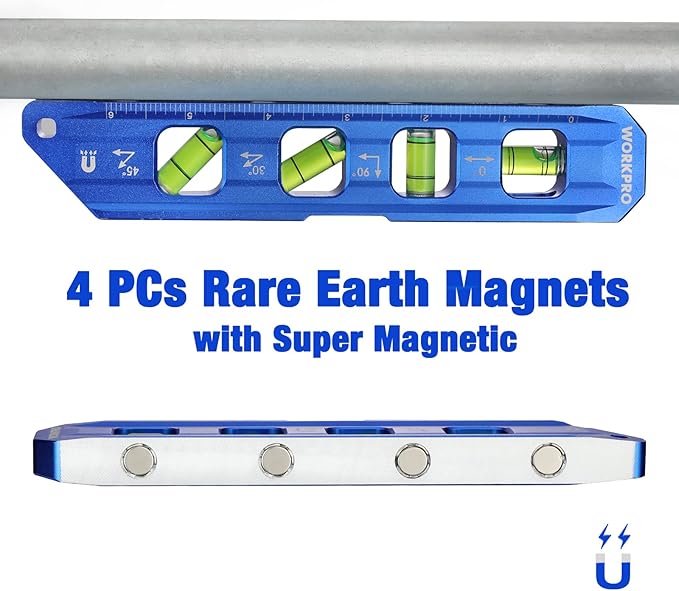 WORKPRO 8-Inch Magnetic Torpedo Level, Aluminum Alloy Construction, 4 Bubble Vials for 0째/90째/45째/30째 Measurements, Cobalt Blue