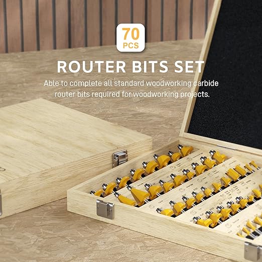 CSOOM 70PCS Router Bits Set - 1/4??Shank, Carbide Tipped Router Bits for Professional Woodworking, Includes Multiple Shapes , Yellow,for Professional and Beginners Carpenter