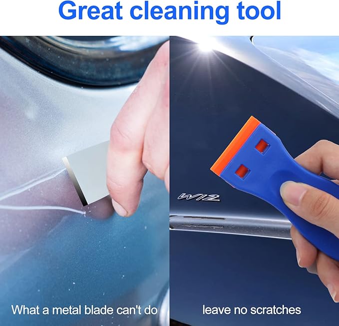 4 Pcs Plastic Razor Blade Scraper and 100 Pcs Blades, Remove Label Decal Tool竊?Forwithout Scratches Plastic Razor Blade Scraper, Adhesive Remover for Stickers, Gaskets and Paints on Window Car Glass