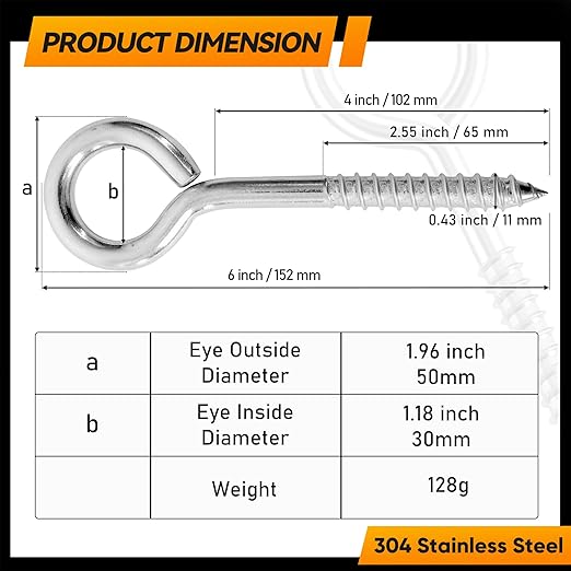 4Pcs 6 Inch Heavy Duty Screw Eyes Hooks, 304 Stainless Steel Self Tapping Eyelet Screw Eye Bolts,800LBS Breaking Strength, Screw in Eye Hooks for Wood Securing Cables Wire. (4, M10-6 Inch)