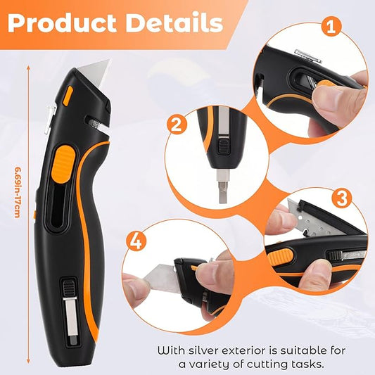 Lizeonz 4PCS Premium Multi-Function Utility Knife, Retractable Metal Heavy Duty Box Cutter, Lightweight Handle with Quick-Change Blade Holder, Built-in Screwdriver and Blade Storage (with 3 Blades)