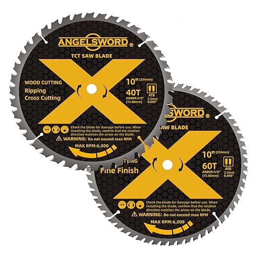 ANGELSWORD 10 Inch Table Saw Blade/Miter Saw Blade, 40T for Ripping, Cross Cutting&60T for Fine Finish Wood Cutting, 2 Pack