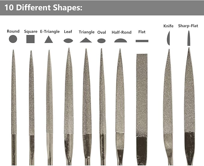 YAKAMOZ 10-Piece Mini Diamond Needle File Set 2x100mm Small Metal Riffler Files Jewelers File Precision Hand Tools for Glass Wood Stone Jewelry - Round Triangular Square Flat Shape