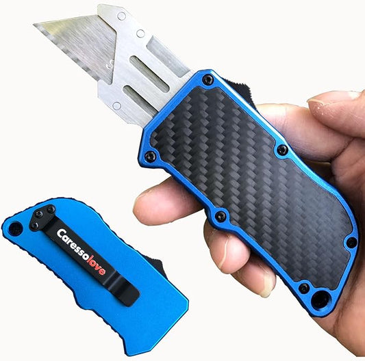Automatic Utility Knife, Green Razor Blades Pocket Knife, Box Cutters Retractable Heavy Duty, Premium Safety Push Button Knife with 5PCS Blades (Blue)