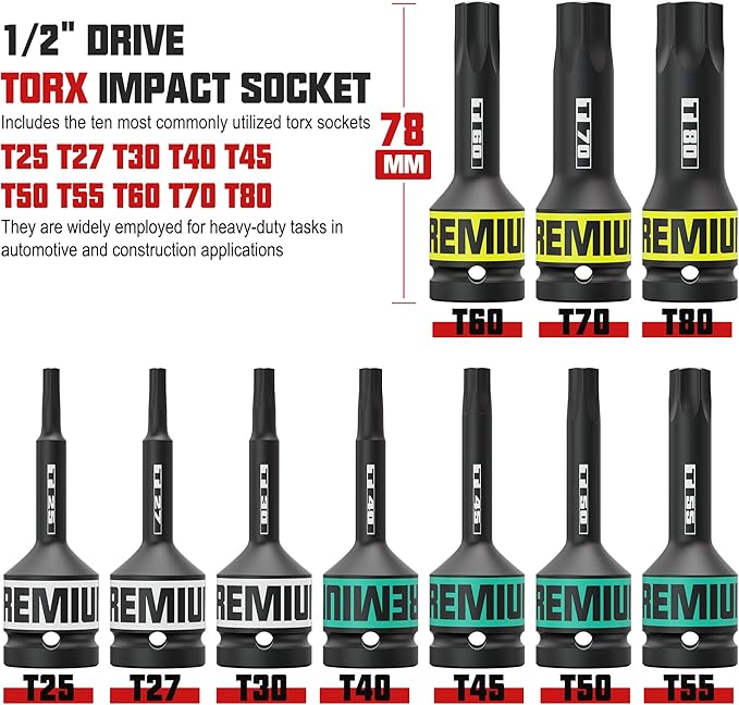 1/2" Drive Impact Torx Bit Socket Set, 10 Piece Impact Star Bit Socket Set, T25-T80, Cr-Mo Steel, for Fastener Replacement