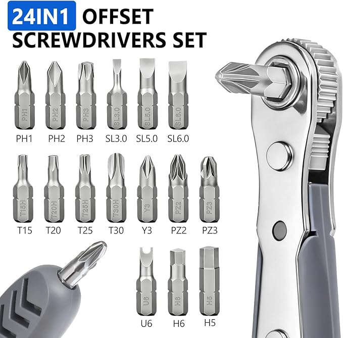 24in1 Right Angle Screwdriver, 36-Tooth Magnetic Ratchet Wrench, Low Profile Offset Tool for Tight Spaces, Ideal Gift for Men Dad Husband, Electronics and Car Repair Kit