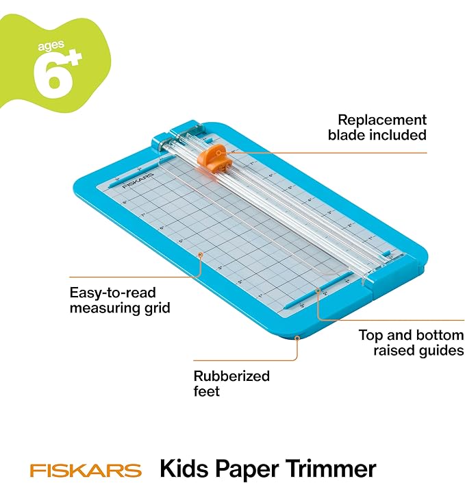 Fiskars Kids Junior Paper Trimmer ??Turquoise Safe and Easy Paper Cutter for Crafting and School Projects 7 x 11.5 Inches