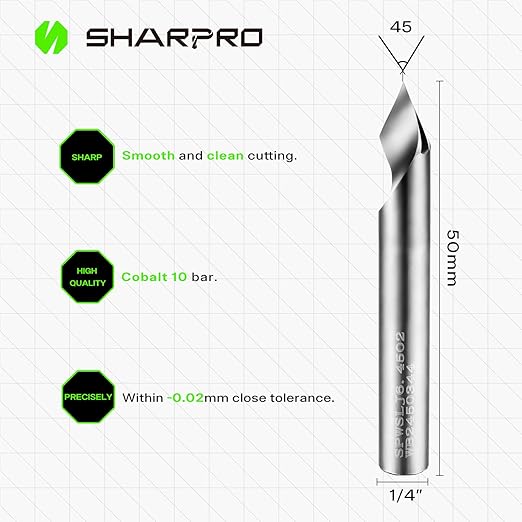 SHARPRO Chamfer Router Bits V Groove O Flute Spiral Router Bit 45 Degree 1/4 Inch Shank CNC Carbide V-bit for Engraving and Chamfering Lettering, Ideal for Wood, Acrylic and PVC (3PCS)