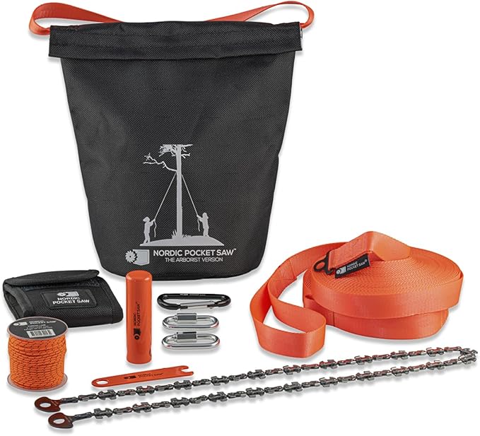 Nordic Pocket Saw High Limb Rope Saw - The Arborist V.2-32" Rope Chainsaw Double Sided with Sawteeth on Each Link - 36 feet Straps and 66 feet Throwline - Tree Limb Cutter with Storage Bag